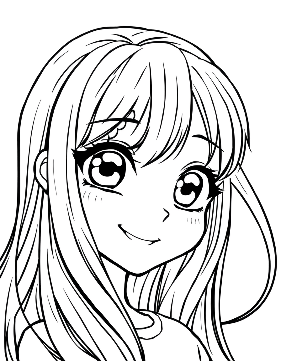 Anime Girl With Long Flowing Hair black and white line art