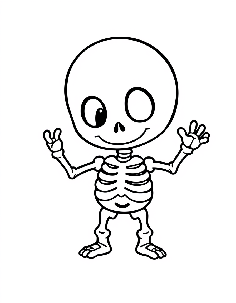 Cute cartoon baby skeleton waving one hand, black and white line art