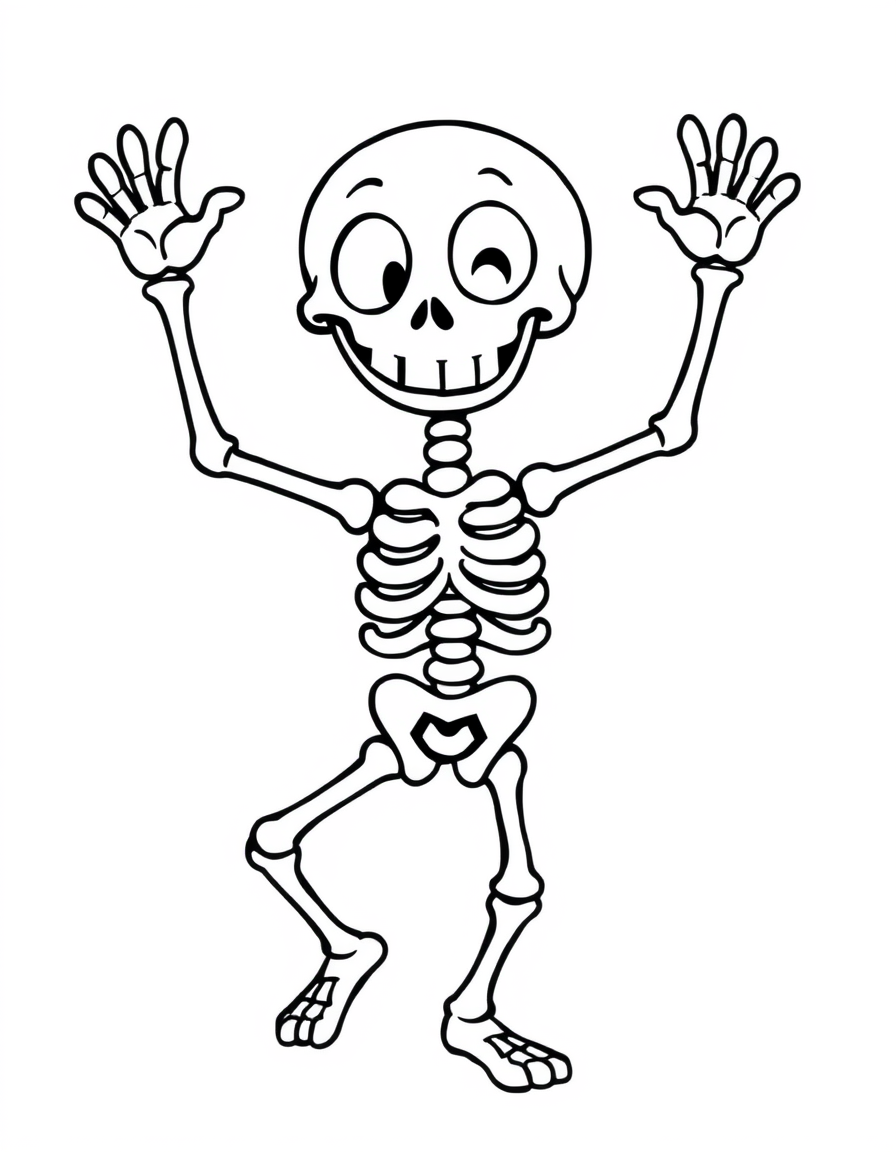 Cartoon skeleton dancing with both arms raised, black and white line art