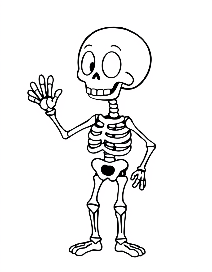 Full body human skeleton waving, black and white line art