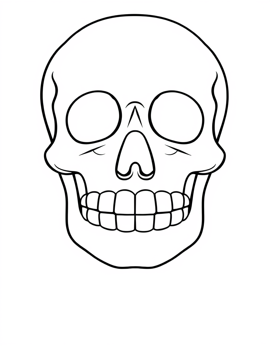 Human skull and lower jaw seen from the front, black and white line art diagram