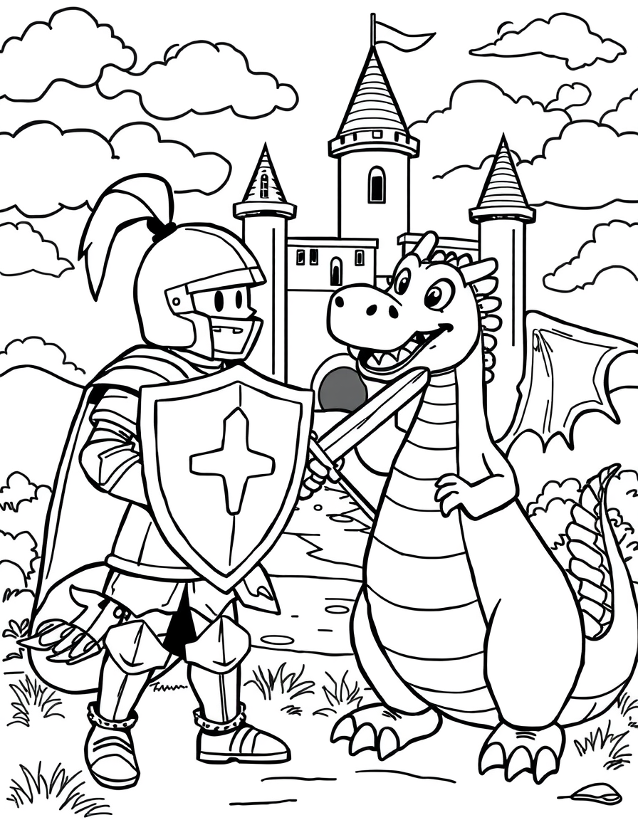 Knight and Dragon coloring page - free printable