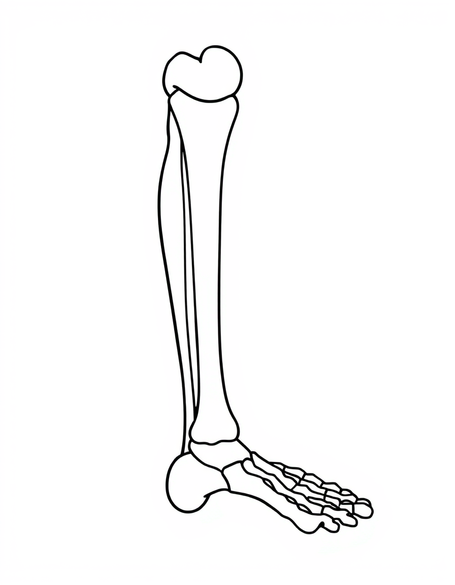 Human leg and foot bones seen from the front, black and white line art diagram