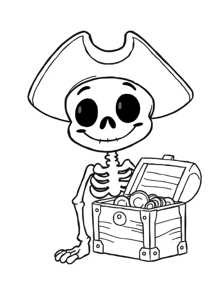 Cartoon pirate skeleton beside an open treasure chest, black and white line art