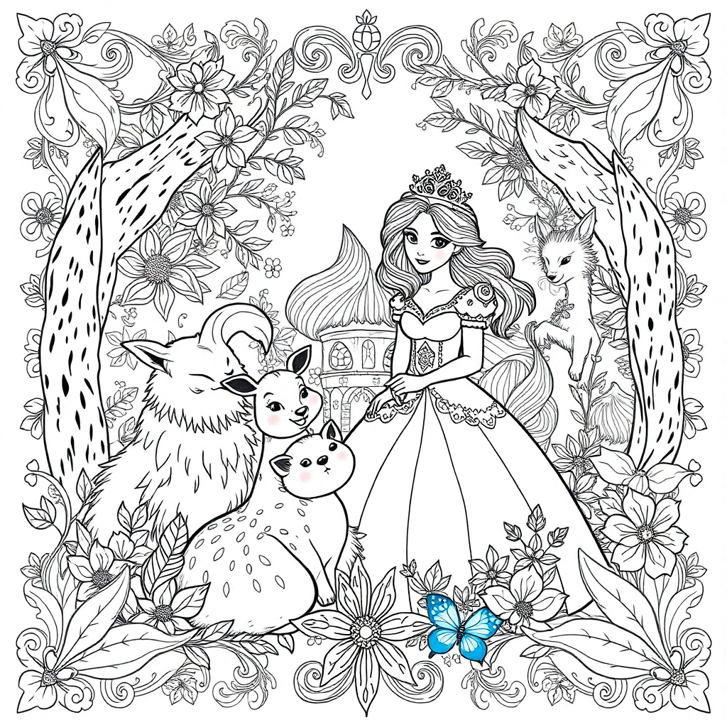 Black and white coloring page of princess with animal friends in a woodland