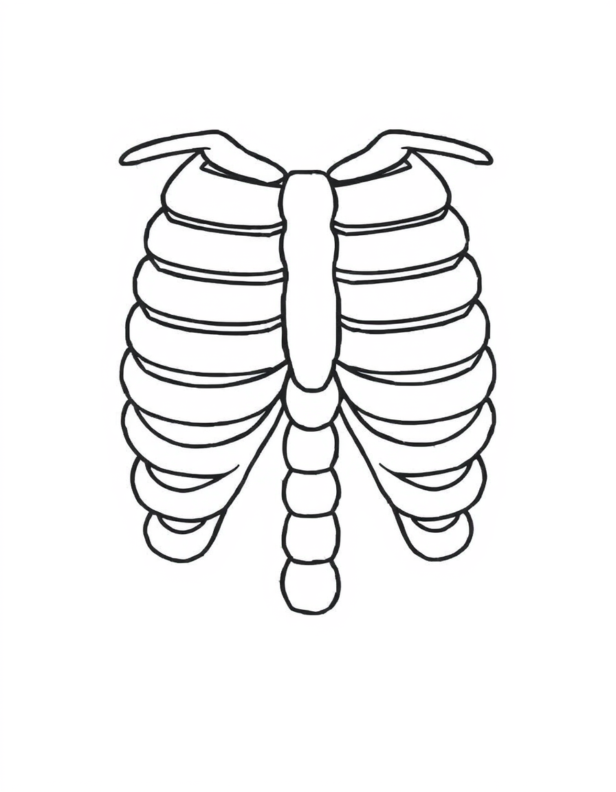 Human rib cage and spine seen from the front, black and white line art diagram