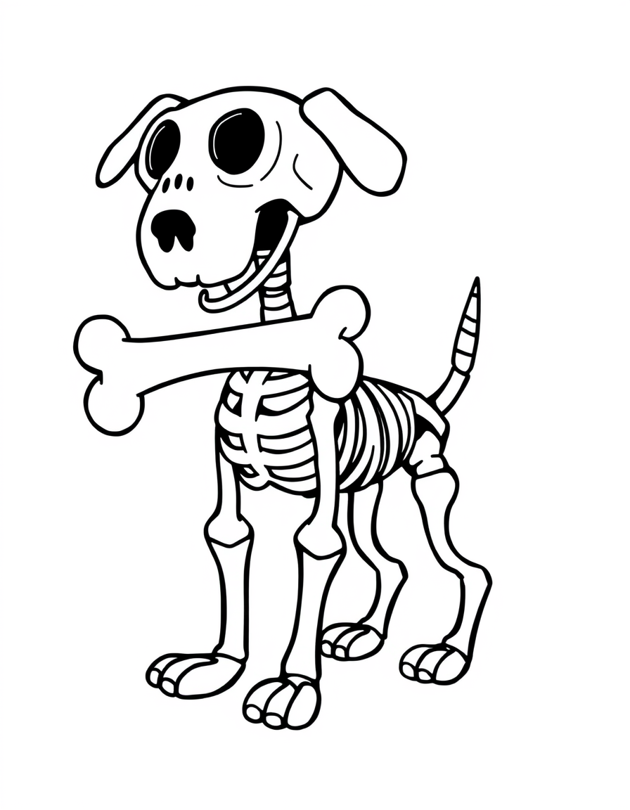 Cartoon skeleton dog carrying a bone in its mouth, black and white line art