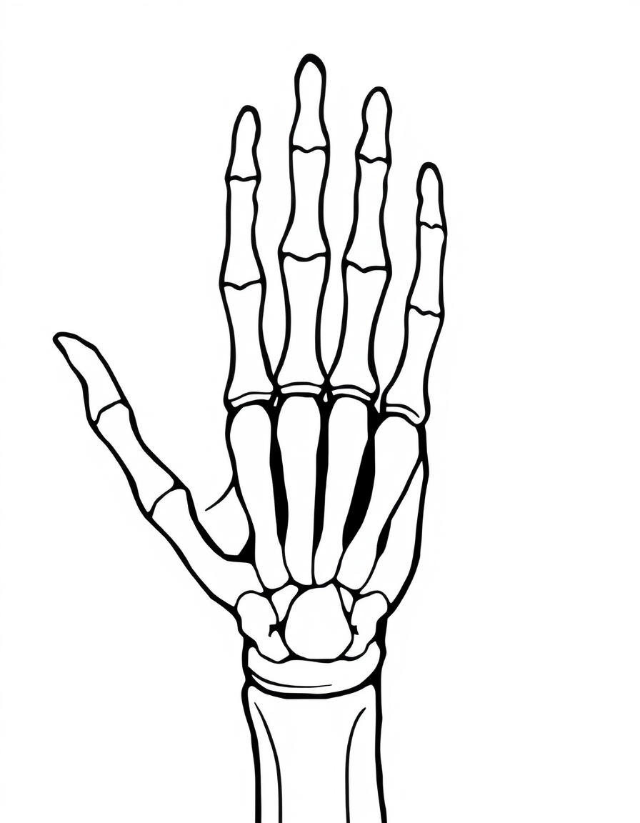 Human hand skeleton with fingers spread wide, black and white line art diagram