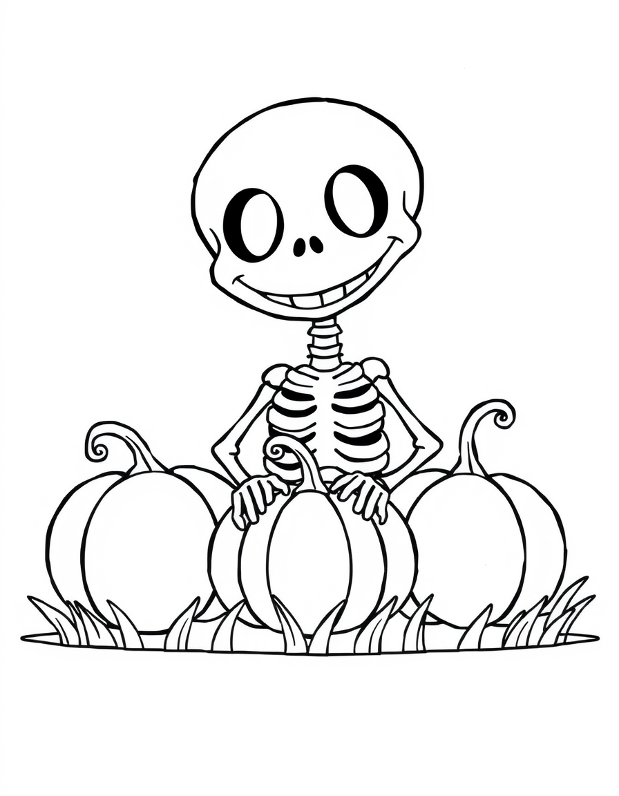 Cartoon skeleton sitting beside three pumpkins, black and white line art