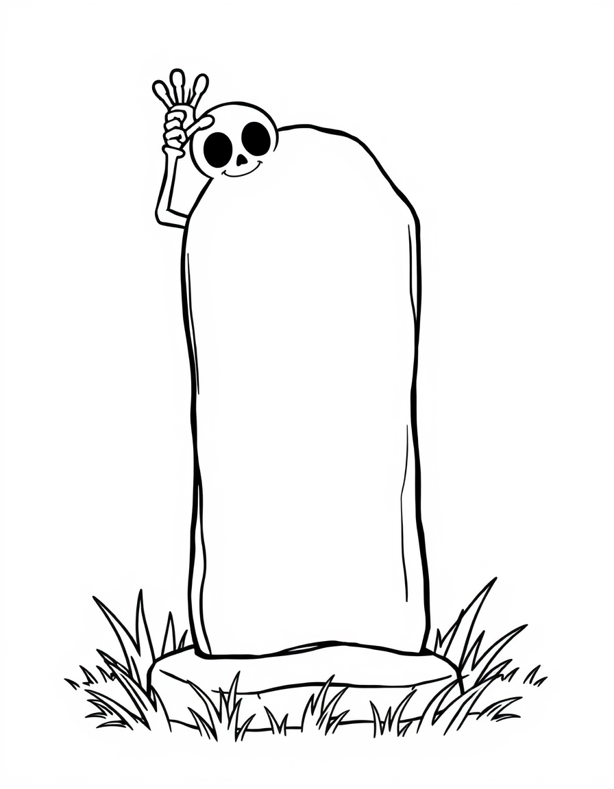 Cartoon skeleton waving from behind a gravestone, black and white line art
