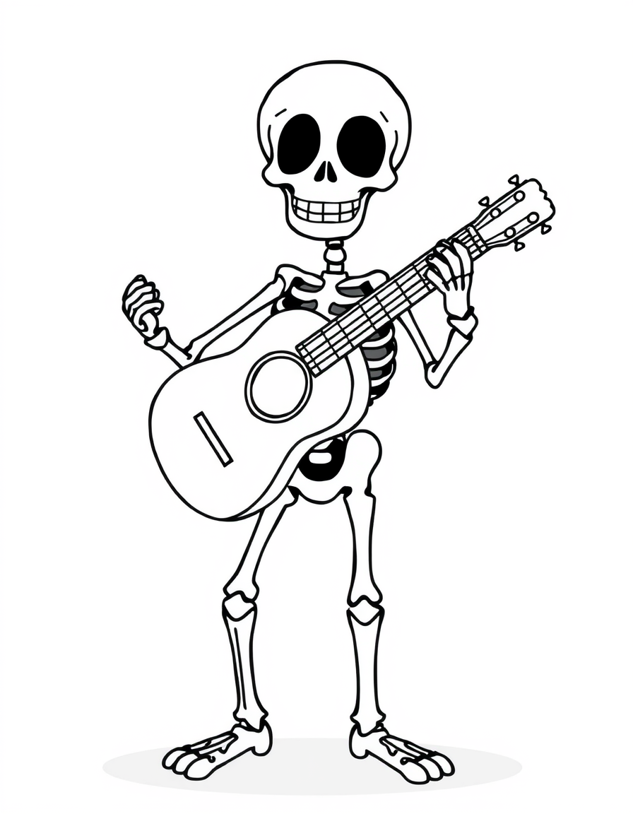 Cartoon skeleton playing an acoustic guitar, black and white line art