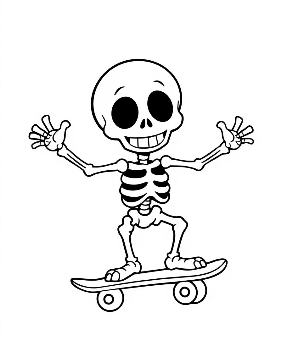 Cartoon skeleton riding a skateboard with arms out, black and white line art
