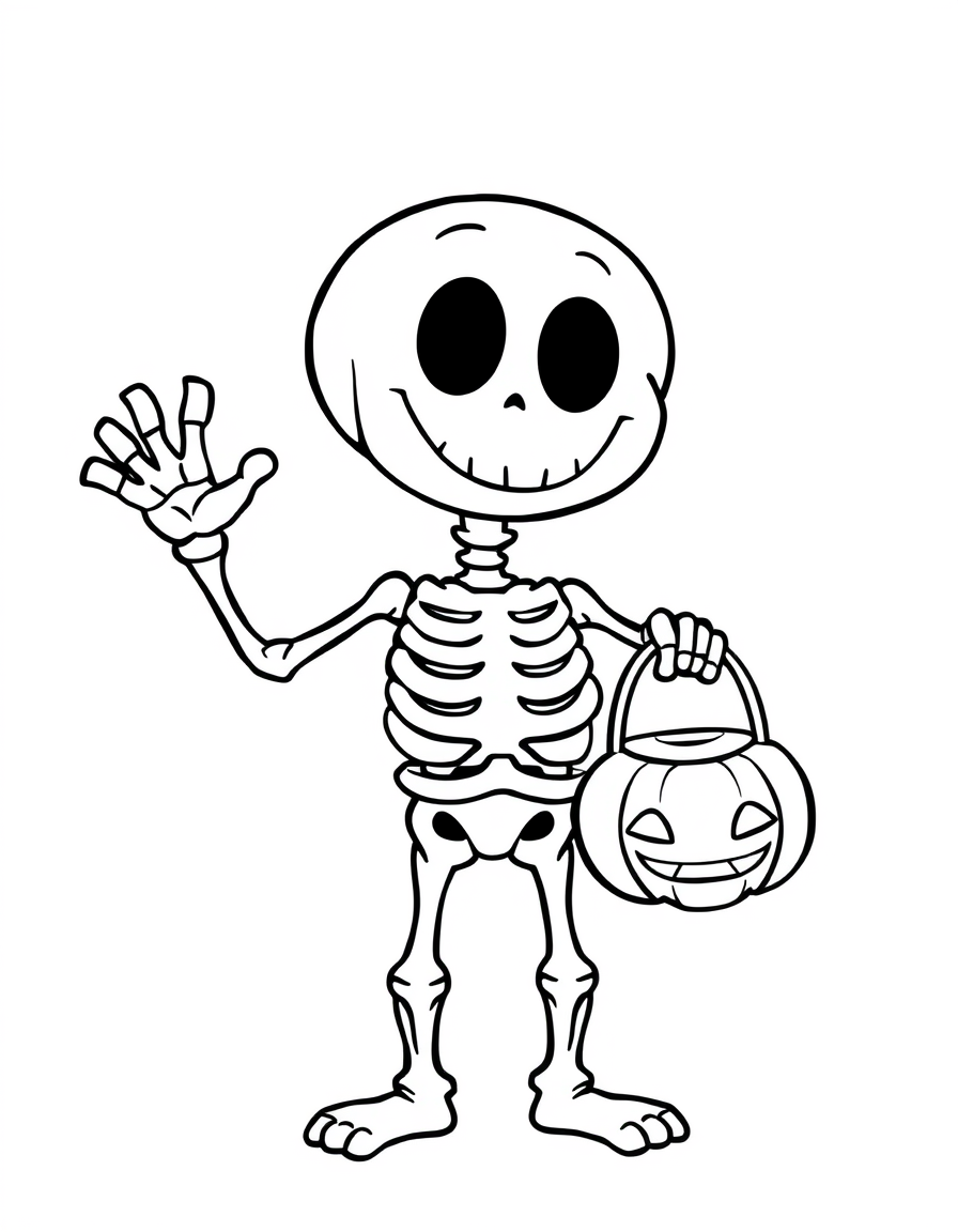 Cartoon skeleton holding a pumpkin candy bucket and waving, black and white line art