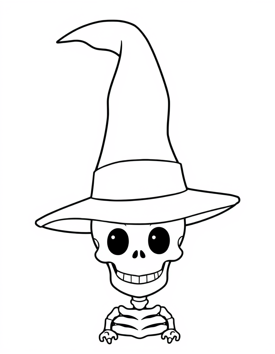 Cartoon skeleton wearing a pointed witch hat, black and white line art