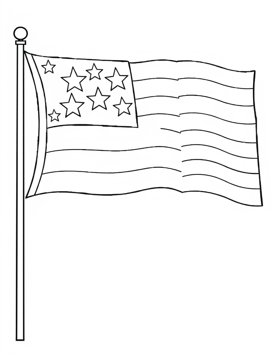 Coloring page of the American flag waving from a tall flagpole
