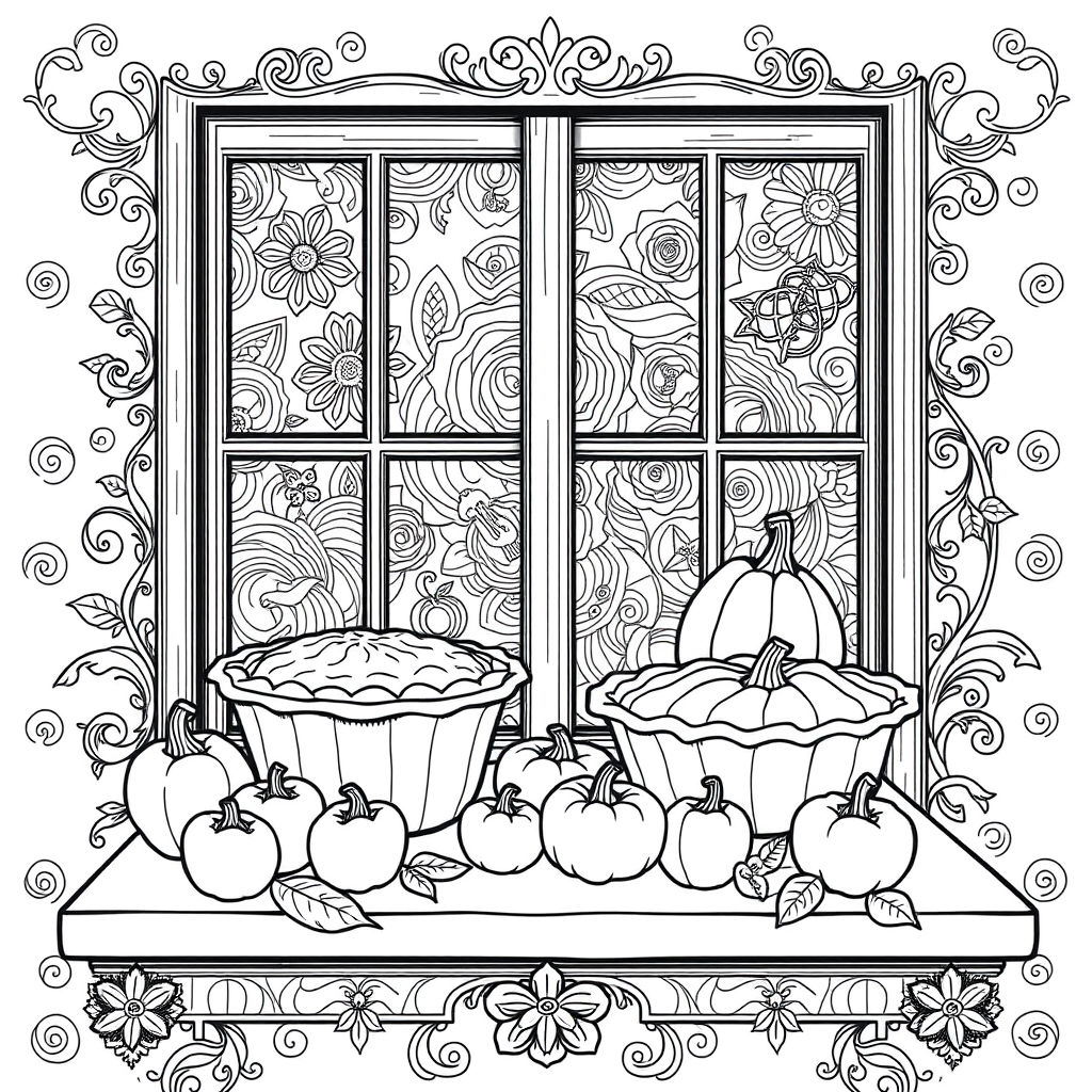 Black and white coloring page of apple and pumpkin pies cooling on a windowsill