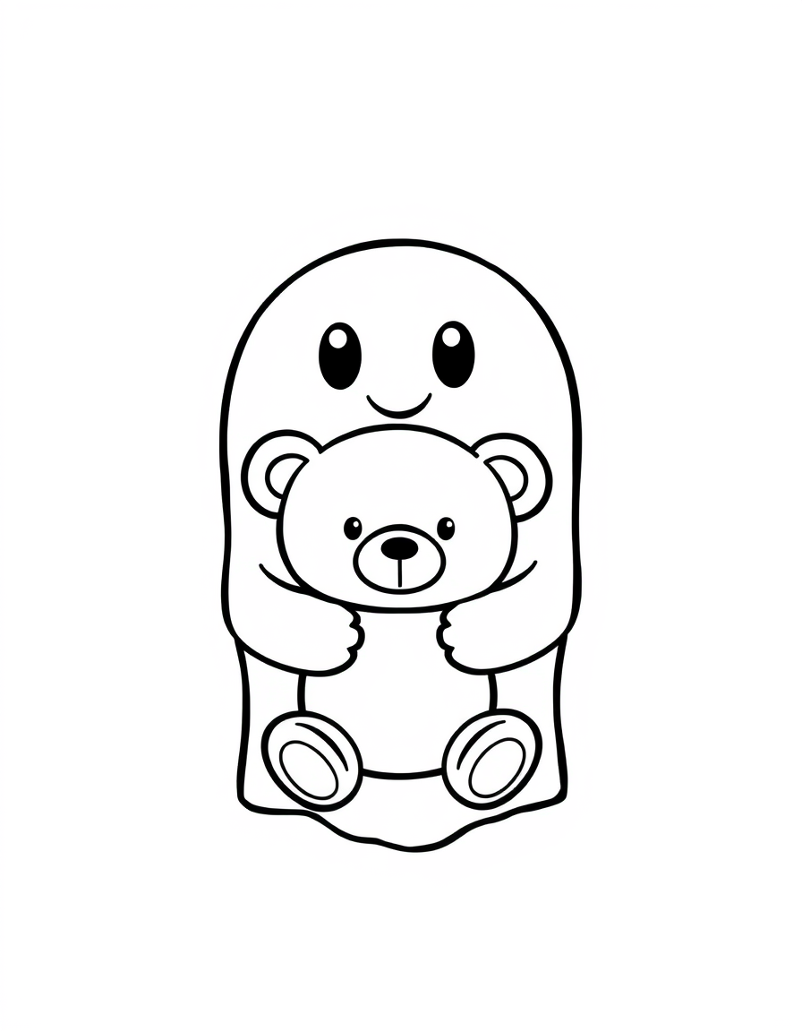 Baby Ghost Hugging a Teddy Bear black and white line art