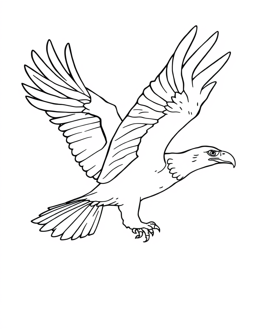 Coloring page of a bald eagle flying with both wings spread wide