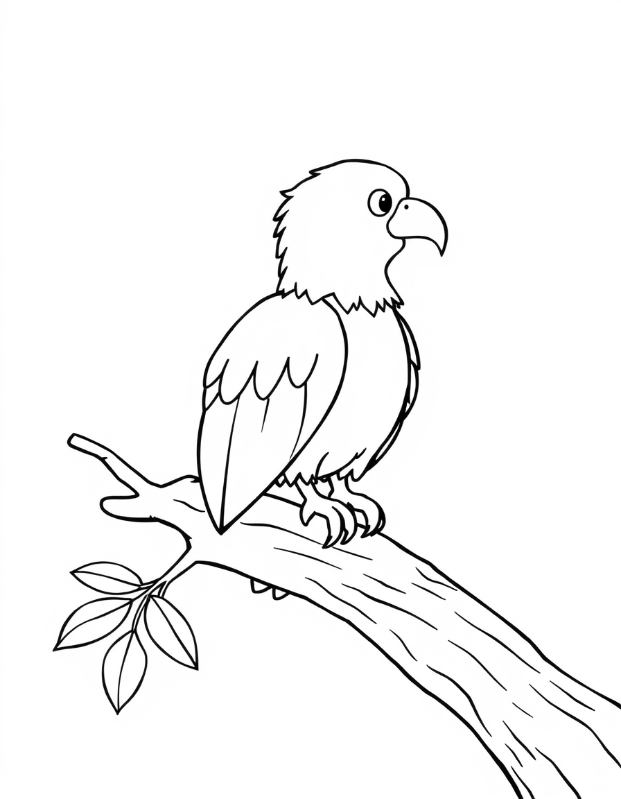 Coloring page of a cartoon bald eagle perched on a thick tree branch
