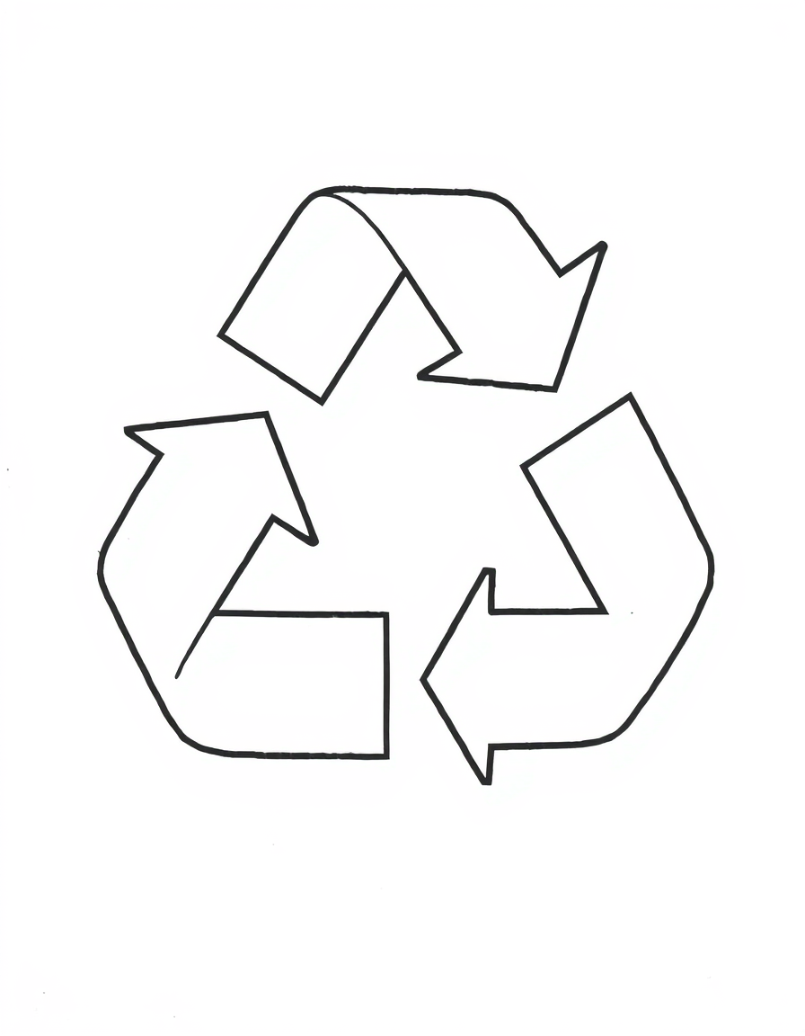 Coloring page of a large recycling symbol made of three bent arrows in a triangle