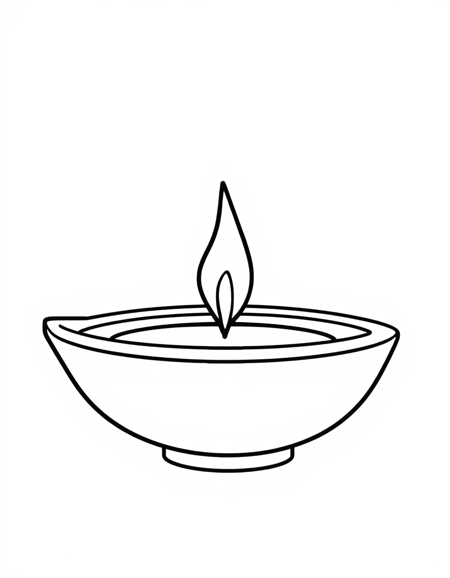 Coloring page of one large plain clay diya lamp with thick outlines and an open teardrop flame