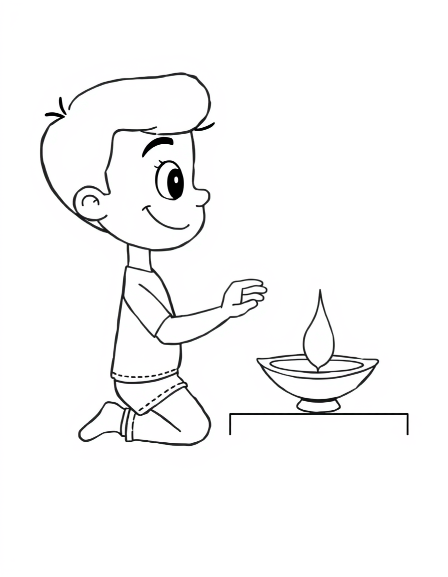 Coloring page of a cartoon boy kneeling in profile beside a clay diya lamp on a plain ledge