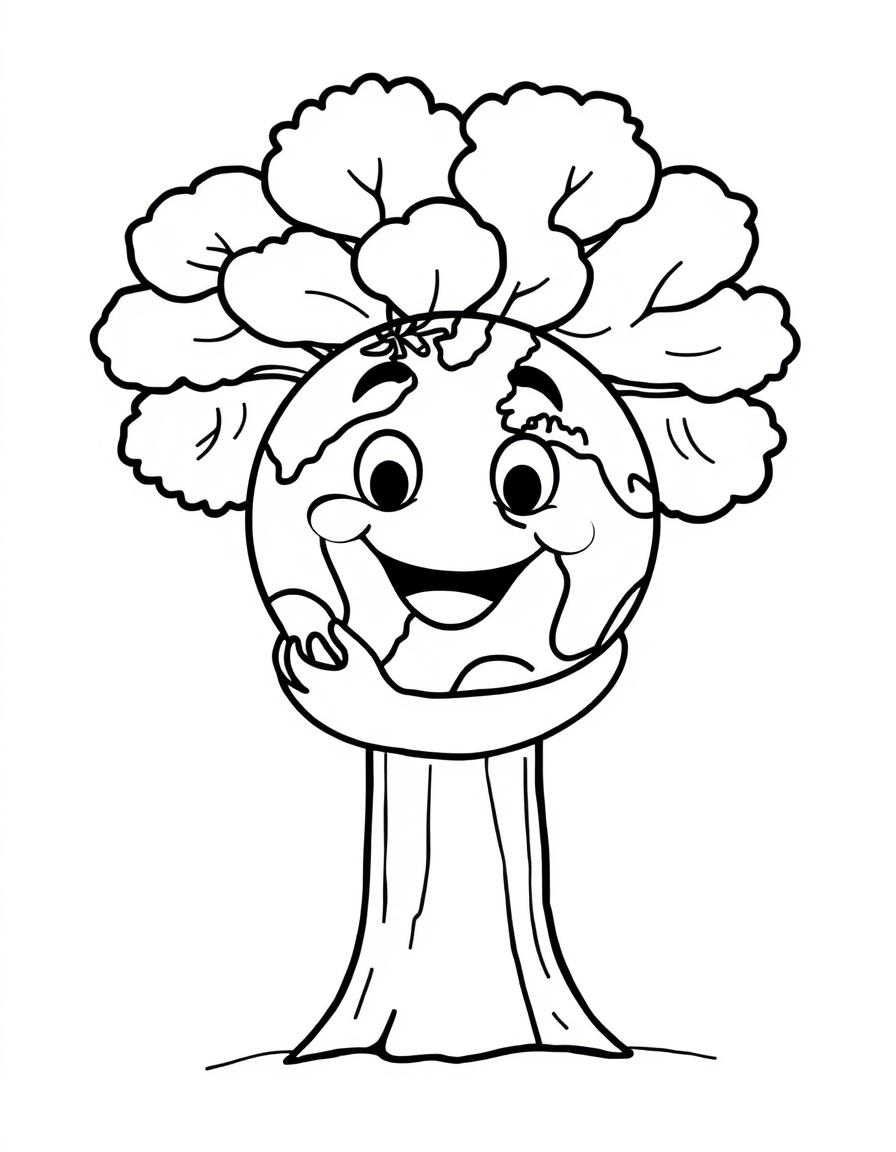 Coloring page of a cartoon planet Earth with arms wrapped around a tree trunk
