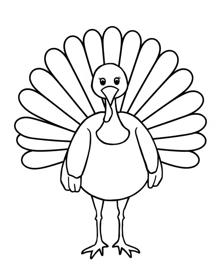 Cartoon Turkey With a Wide Feather Fan black and white line art