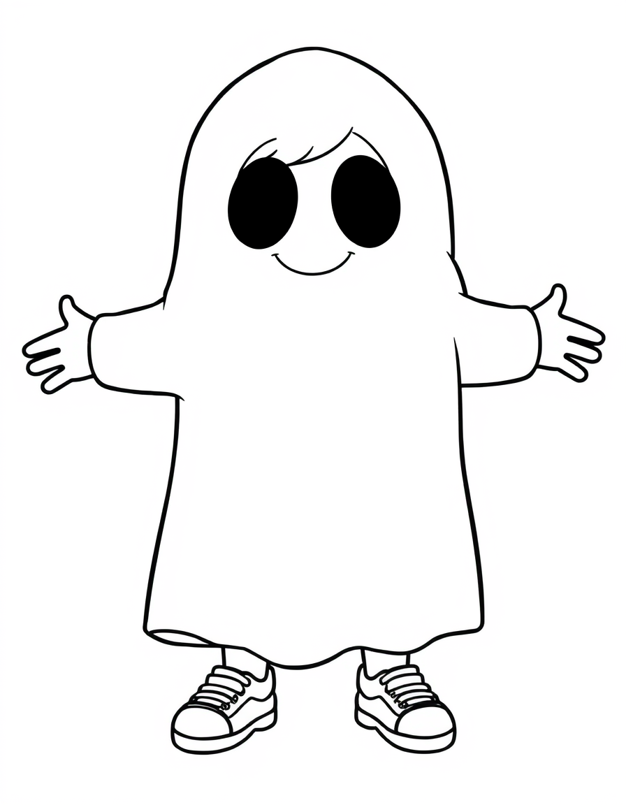 Child in a Bedsheet Ghost Costume black and white line art