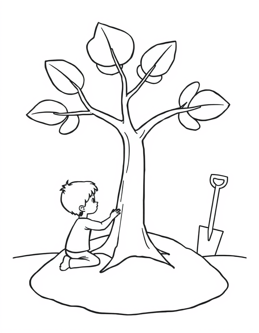 Coloring page of a cartoon child kneeling to plant a young tree in the ground