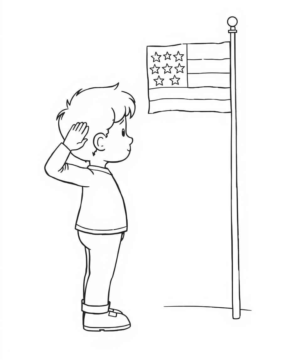 Coloring page of a child standing side on and saluting an American flag on a pole