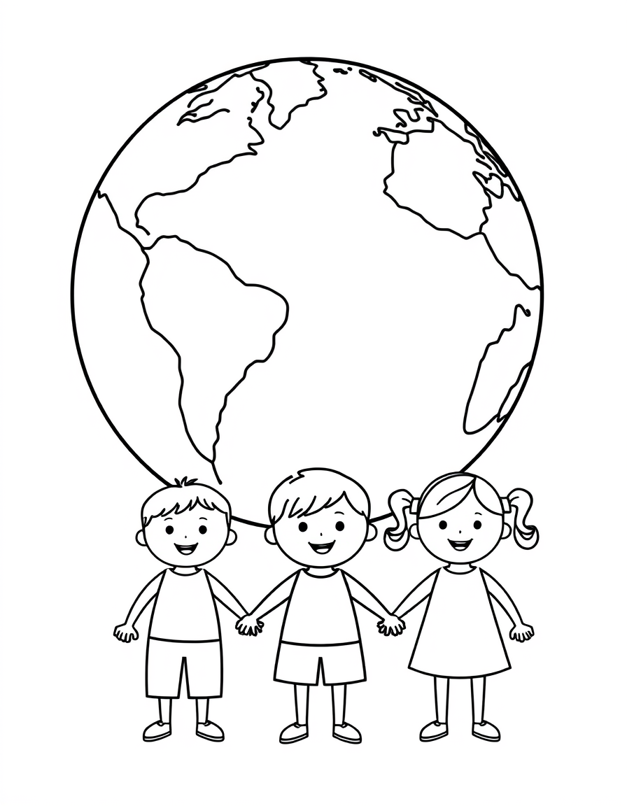 Coloring page of three cartoon children holding hands behind a large planet Earth