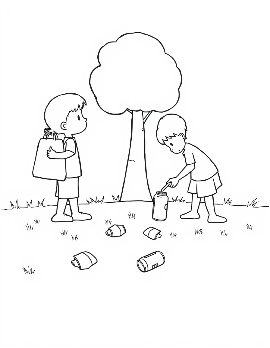 Coloring page of two cartoon children collecting litter into a bag in a park