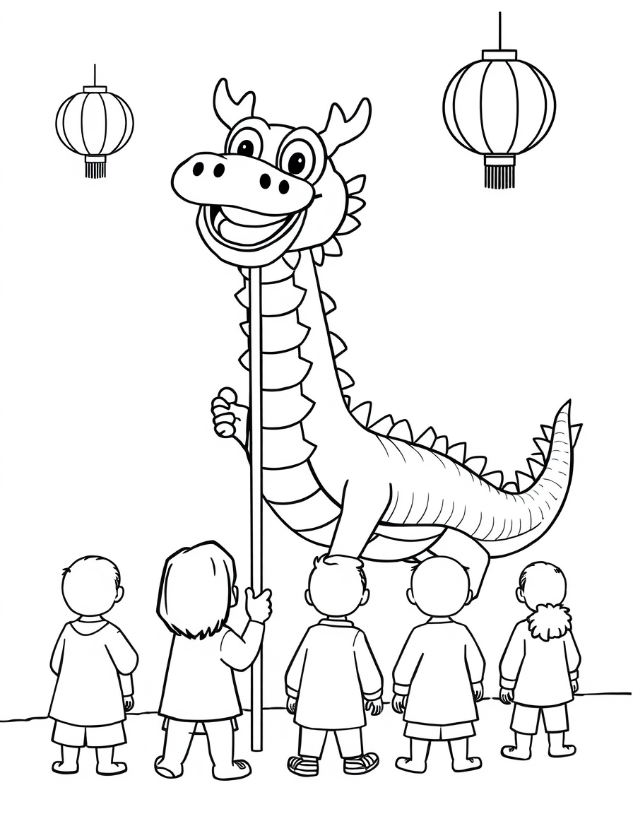 Chinese New Year Dragon Parade With Colorful Decorations Coloring Page - free printable coloring page