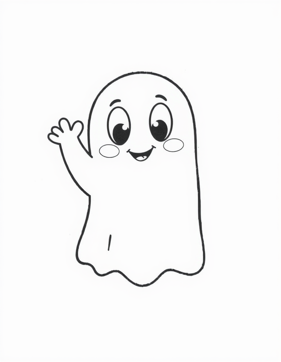 Cute Smiling Ghost Waving Hello black and white line art