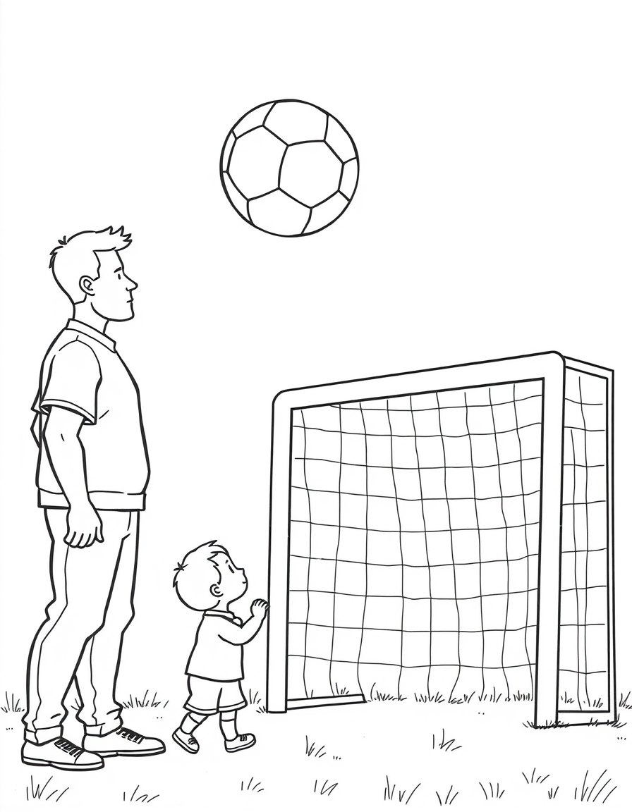 Dad Watching His Child Score A Goal At A Soccer Game Coloring Page - free printable coloring page