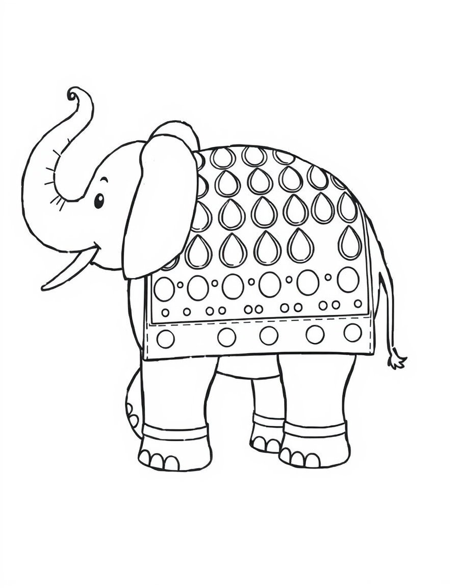 Coloring page of a cartoon elephant in profile wearing a patterned festival blanket of open teardrops and dots