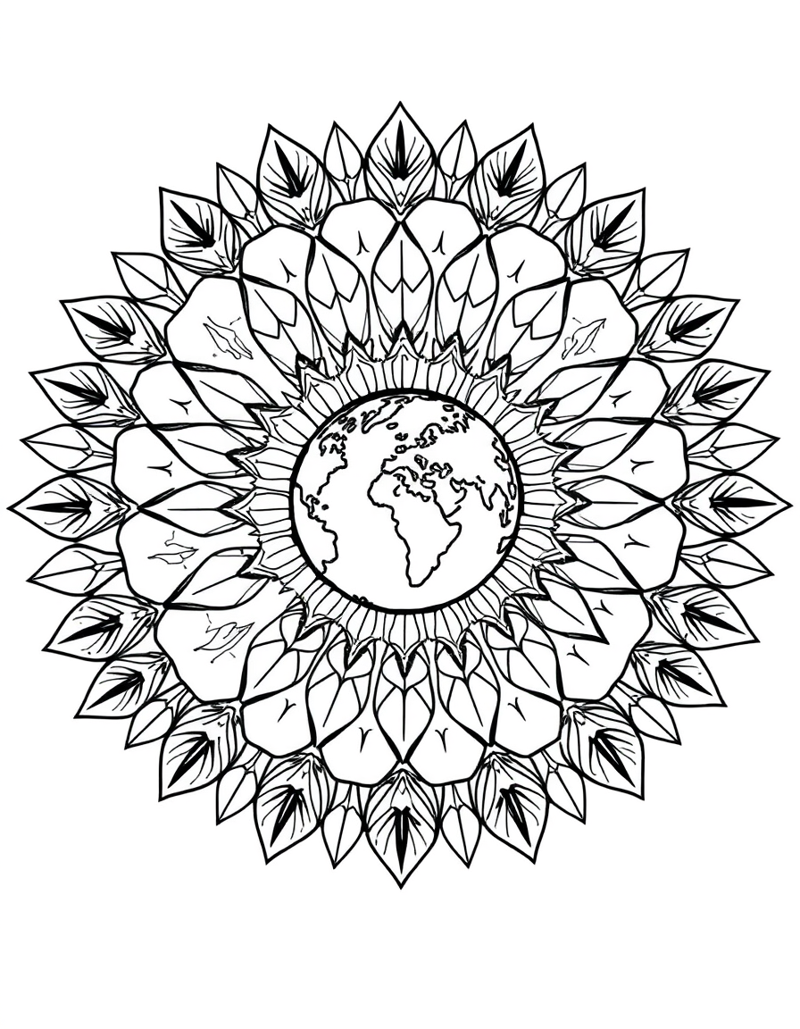 Coloring page of a round Earth Day mandala built from rings of leaves and flowers