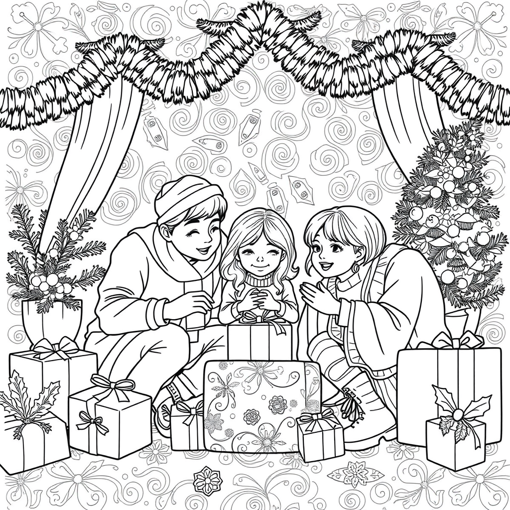 Black and white coloring page of family opening presents on Christmas morning