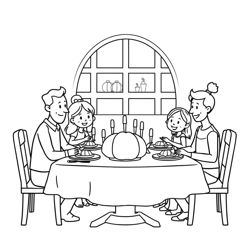 Black and white coloring page of family sitting down to a Thanksgiving feast table