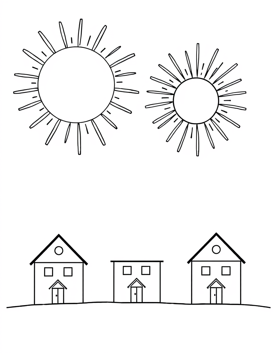 Coloring page of firework bursts drawn as open circles with radiating lines above a row of simple flat rooftops