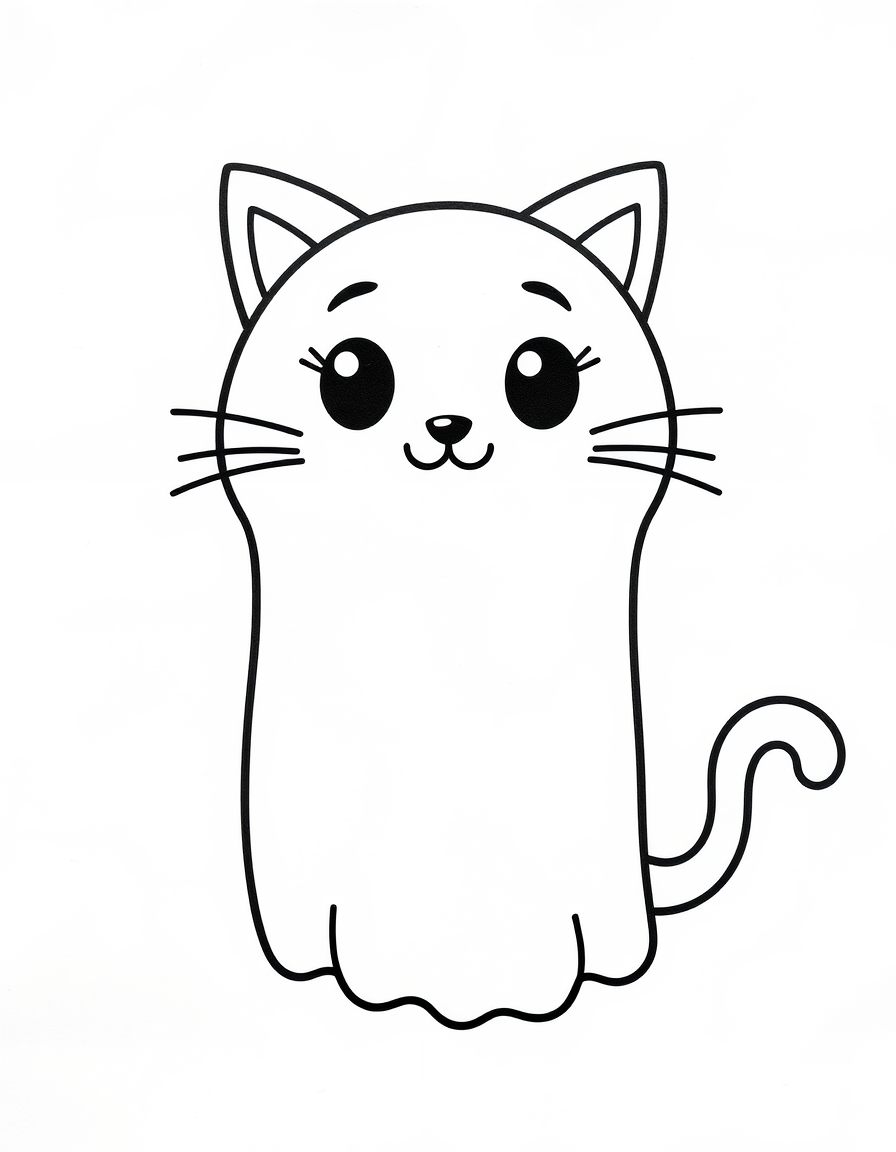 Ghost Cat With a Curled Floating Tail black and white line art