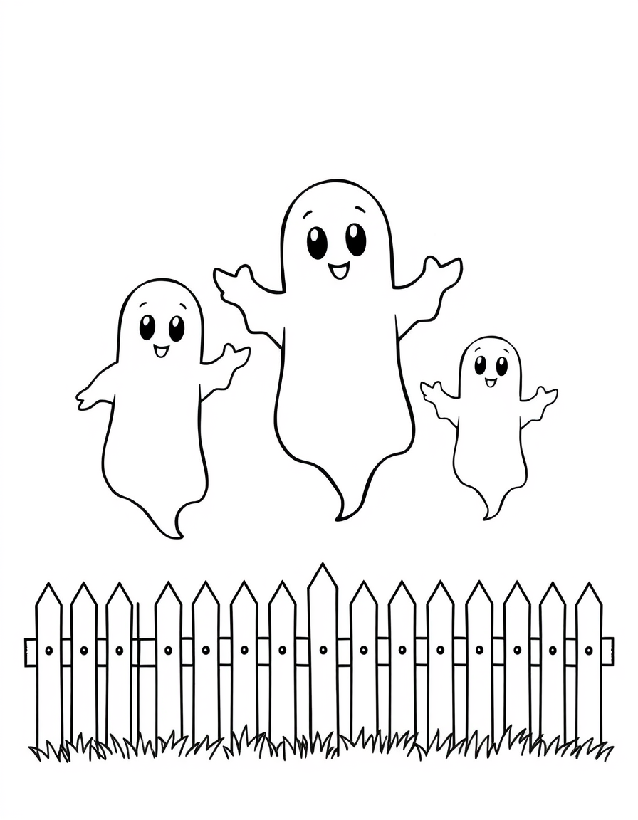 Ghost Family of Three Floating Together black and white line art
