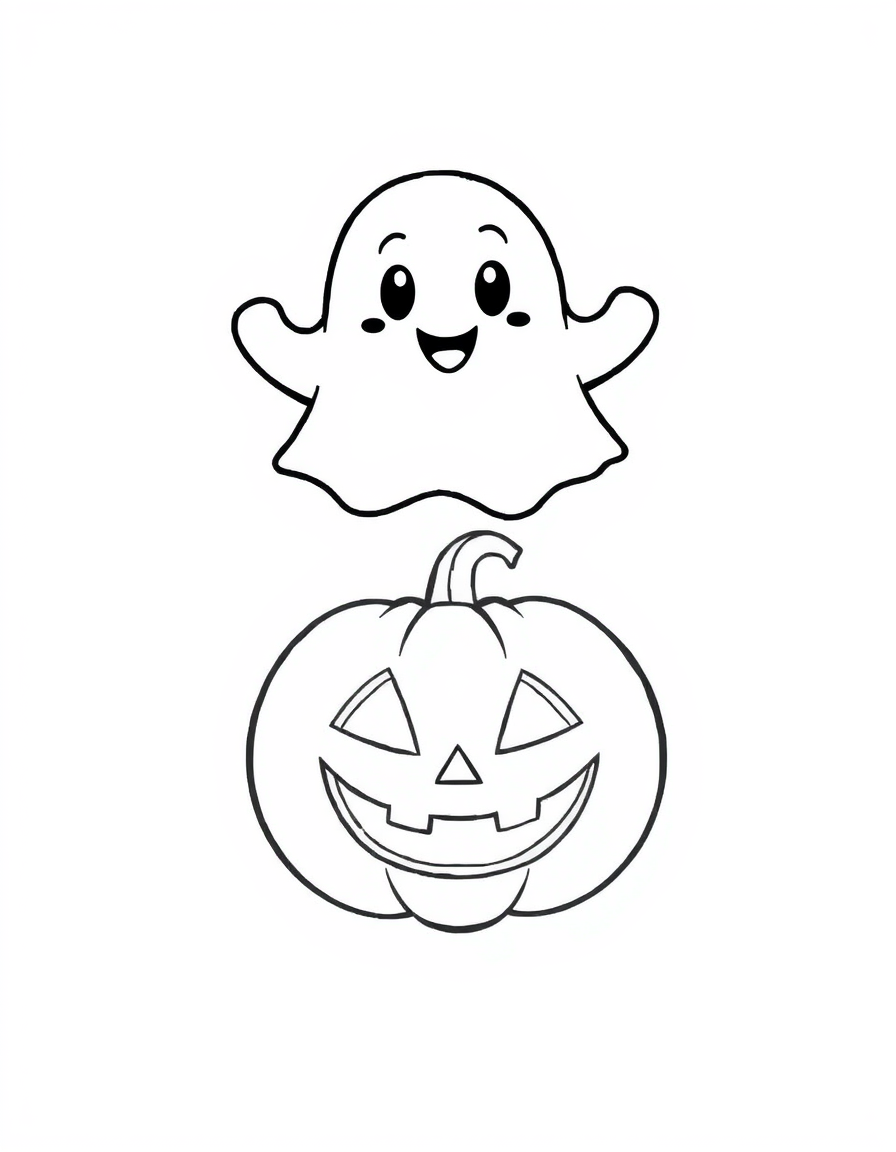 Ghost Floating Above a Smiling Jack-o-Lantern black and white line art