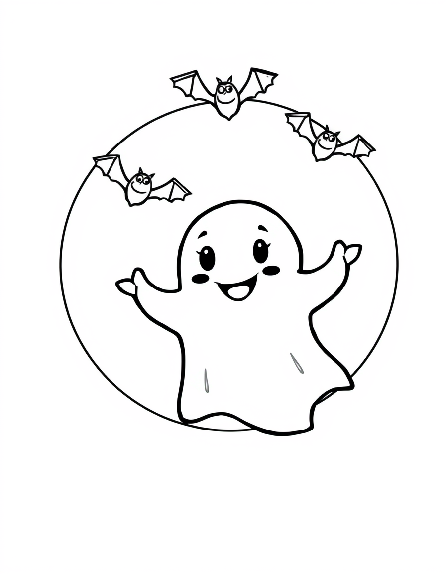 Ghost Floating in Front of a Full Moon With Bats black and white line art