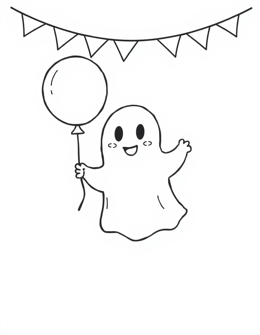 Ghost Holding a Balloon at a Halloween Party black and white line art