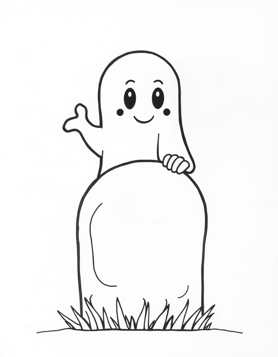 Ghost Peeking Out From Behind a Tombstone black and white line art