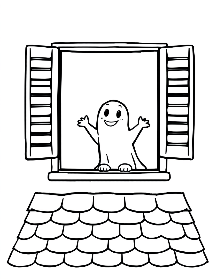 Ghost Peeking Out of an Attic Window black and white line art