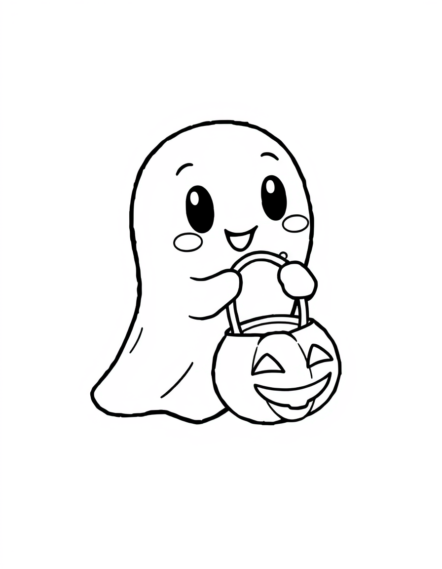 Ghost Trick or Treating With a Candy Bucket black and white line art