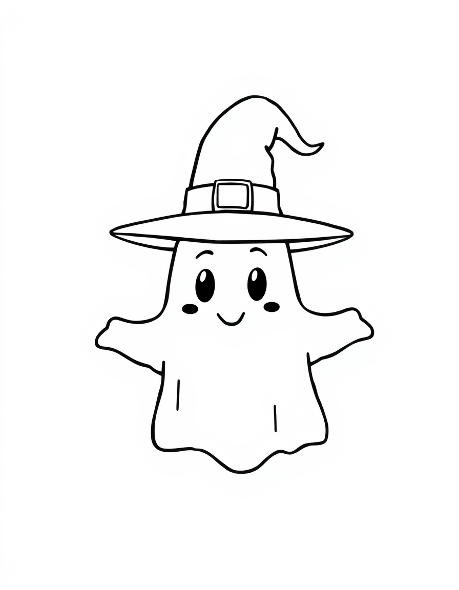 Ghost Wearing a Pointed Witch Hat black and white line art